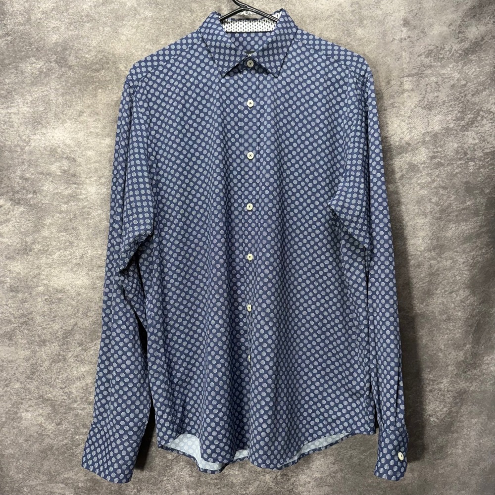 Bugatchi Classic Fit Button Up Dress Shirt Mens M Navy Geometric Nylon Flip Cuff